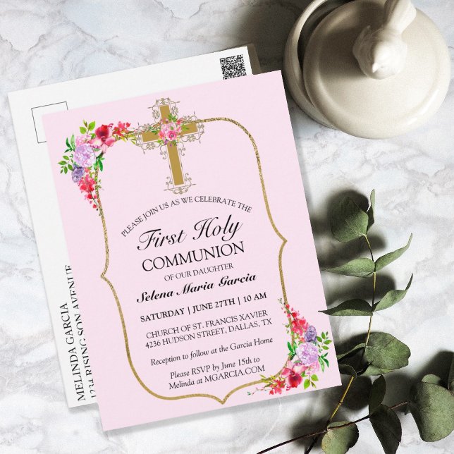 PINK FLORAL GOLD CROSS 1. GEMEINSCHAFTLICHE EINLAD POSTKARTE (Von Creator hochgeladen)