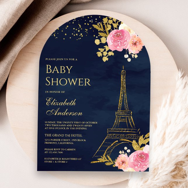 Pink Floral Gold Eiffelturm Navy Baby Dusche Einladung (Von Creator hochgeladen)