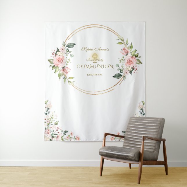 Pink Floral Gold Erstklassiger Kommunion Foto Prop Wandteppich (Beispiel)