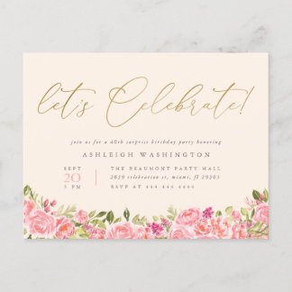 Pink Floral Gold Feiern Überraschung Geburtstag Einladungspostkarte