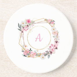 Pink Floral Gold Geometric Sandstone Coaster Getränkeuntersetzer