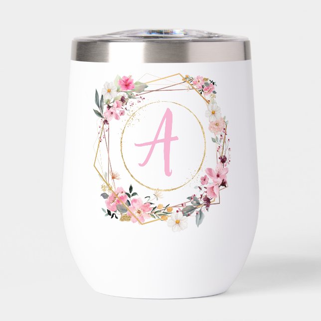 Pink Floral Gold Geometric Wine Tumbler (Avant)