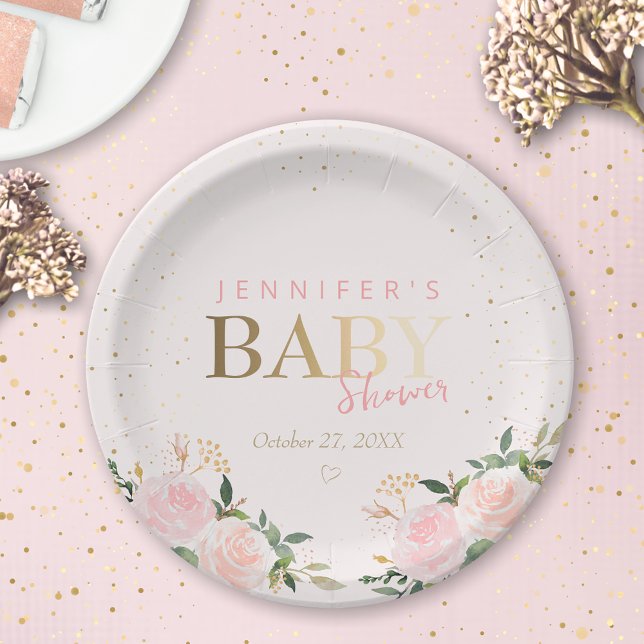 Pink Floral Gold Girl Babydusche Pappteller (Von Creator hochgeladen)