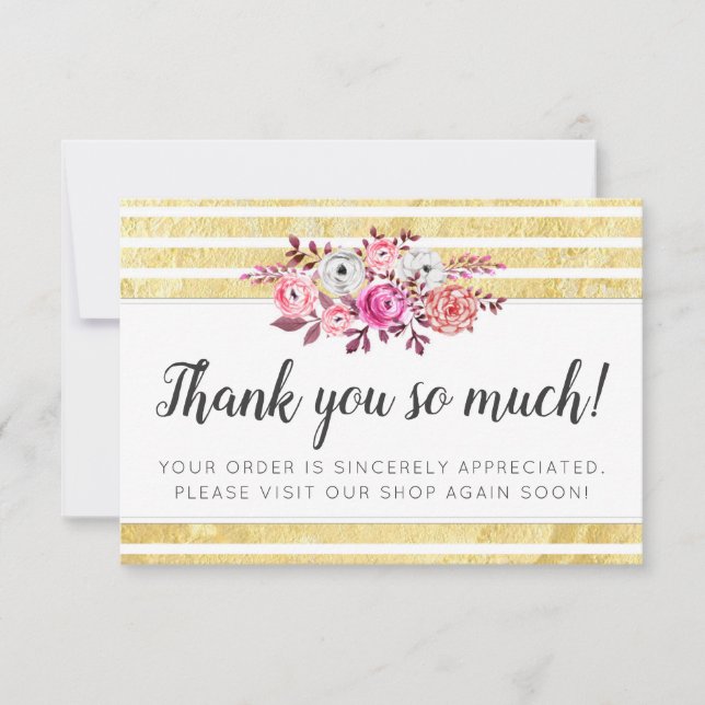 Pink Floral & Gold Glam Moderner Streifen Vielen D Dankeskarte (Vorderseite)