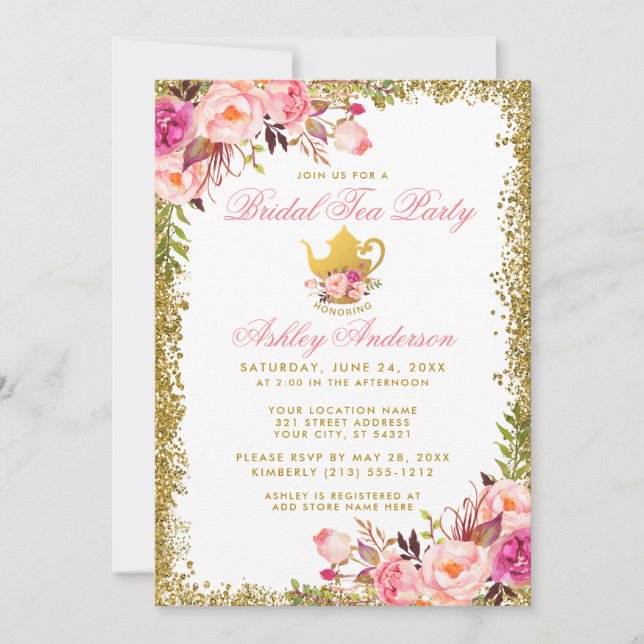 Pink Floral Gold Glitzer Bridal Teezeremonie auf d Einladung (Vorderseite)
