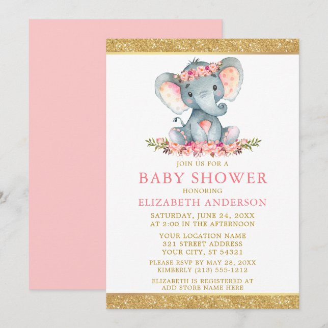 Pink Floral Gold Glitzer Kinderdusche Elefant Einladung (Vorne/Hinten)