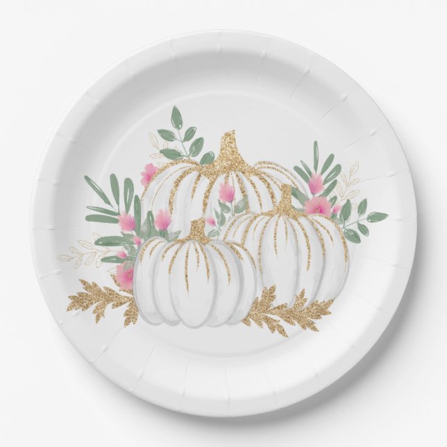Pink Floral Gold Glitzer Pumpkins Hochzeit im Herb Pappteller (Vorderseite)