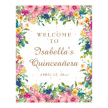 Pink Floral Gold Glitzer Quinceañera Willkommen