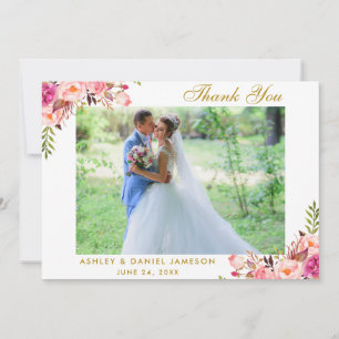 Pink Floral Gold Hochzeit Foto Danke Karte