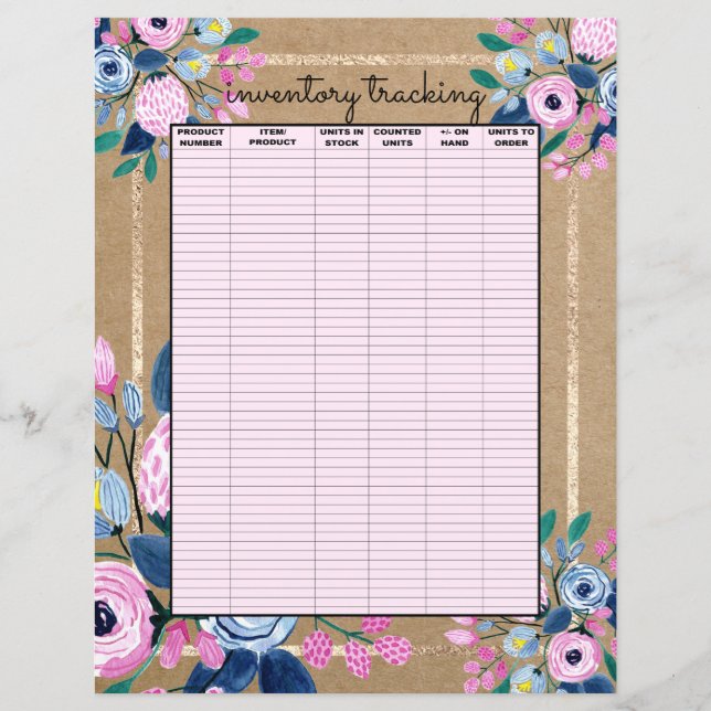 Pink Floral Gold Kraft Paper Business Inventory (Vorderseite)