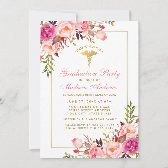 Pink Floral Gold Medical Grad Party Einladung (Vorderseite)