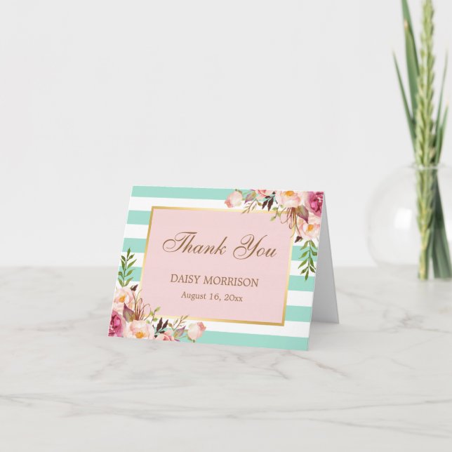 Pink Floral Gold Minze Grüne Streifen Danke (Vorderseite)
