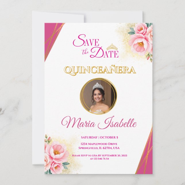 Pink Floral & Gold Quinceñera Save the Date Karte (Vorderseite)