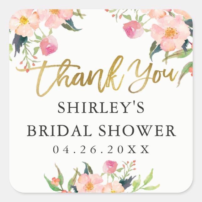 Pink Floral Gold Script Brautparty Vielen Dank Quadratischer Aufkleber (Vorderseite)