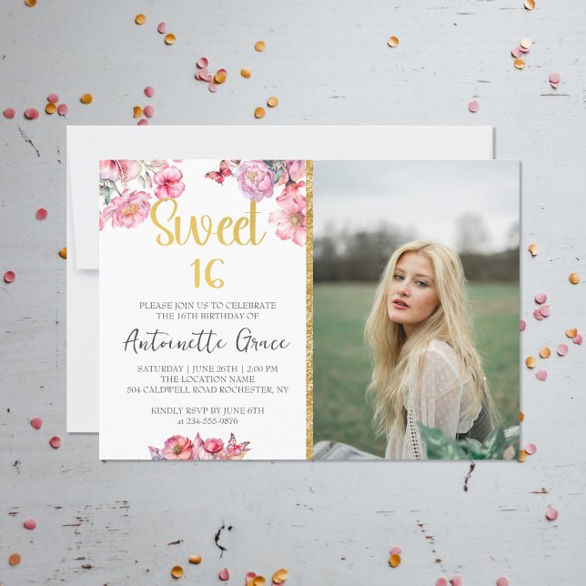 Pink Floral Gold Script Sweet 16 Birthday Foto Einladung (Von Creator hochgeladen)