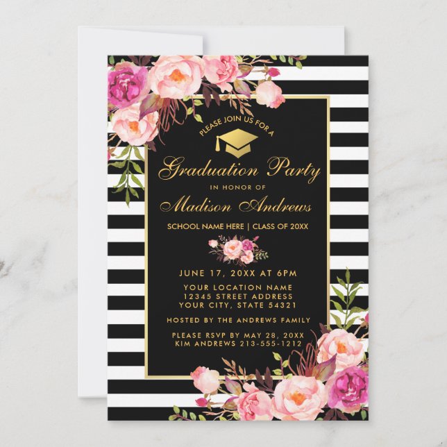 Pink Floral Gold Striped Invitation de la fête de  (Devant)