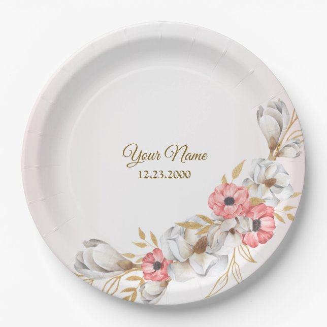 Pink Floral Golden Peach Modern Wedding Party Pappteller (Vorderseite)