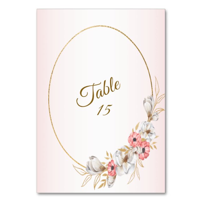 Pink Floral Golden Peach Modern Wedding Party Tischnummer (Vorderseite)