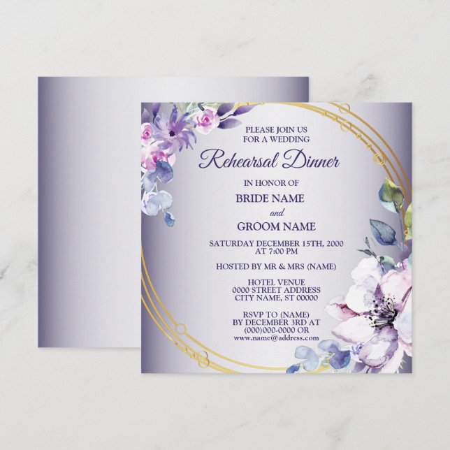 Pink Floral Golden Purple Wedding Rehearsal Dinner Einladung (Vorne/Hinten)