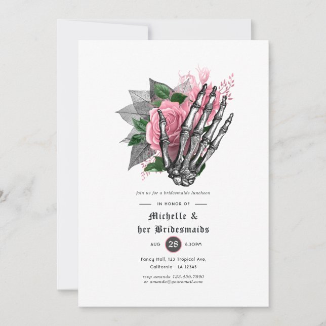 Pink Floral Gothic Skulls Bridesmaids Luncheon Einladung (Vorderseite)