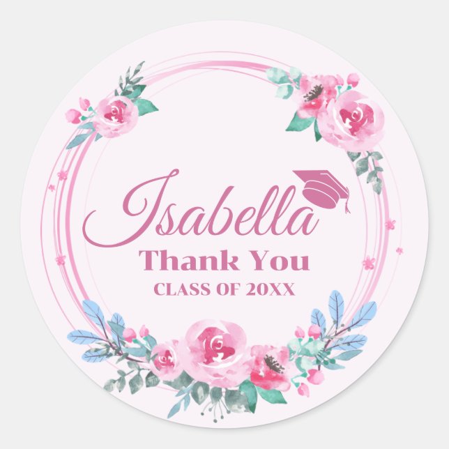 Pink Floral Grad Abschluss Runder Aufkleber (Vorderseite)