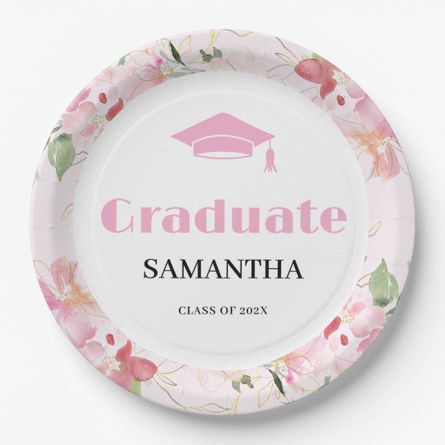 Pink Floral Graduation  Pappteller (Vorderseite)