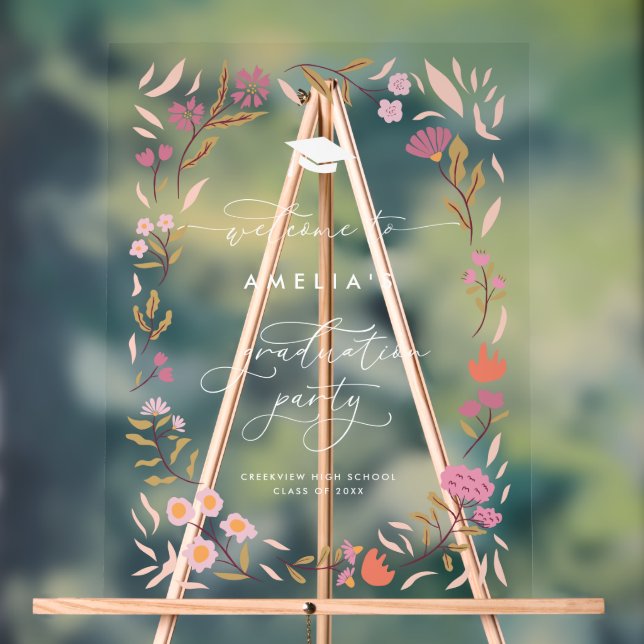 Pink Floral Graduation Party-Zeichen Acrylschild (Neutral)
