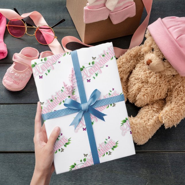 Pink Floral Gratulationen Text Umverpackung Papier Geschenkpapier (Von Creator hochgeladen)