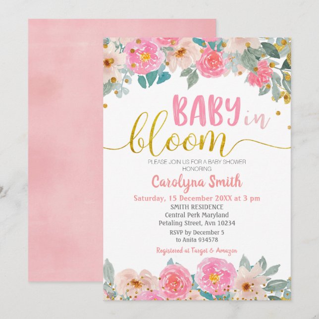 Pink Floral Greenery Baby in Bloom Invitation (Devant / Derrière)