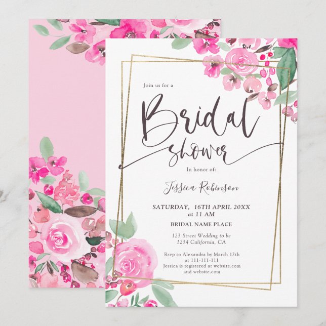 Pink floral greenery gold script bridal shower einladung (Vorne/Hinten)
