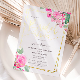 Pink floral greenery gold script bridal shower folieneinladung