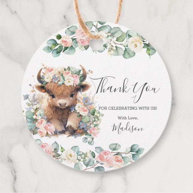 Pink Floral Greenery Niedlich Highland Cow Vielen  Geschenkanhänger (Rückseite)