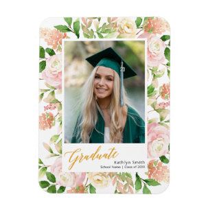 Pink Floral Greenery Script Girl Abschluss Foto Magnet