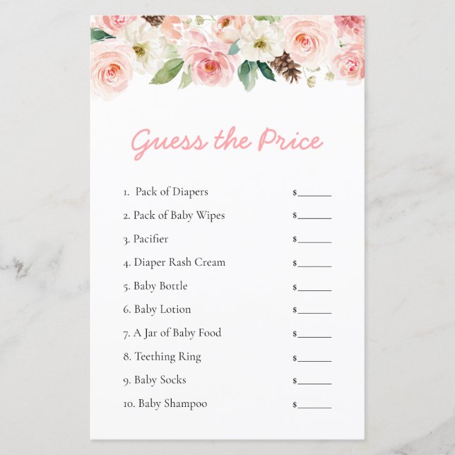 Pink Floral Guess the Price Baby Duschgame (Vorderseite)