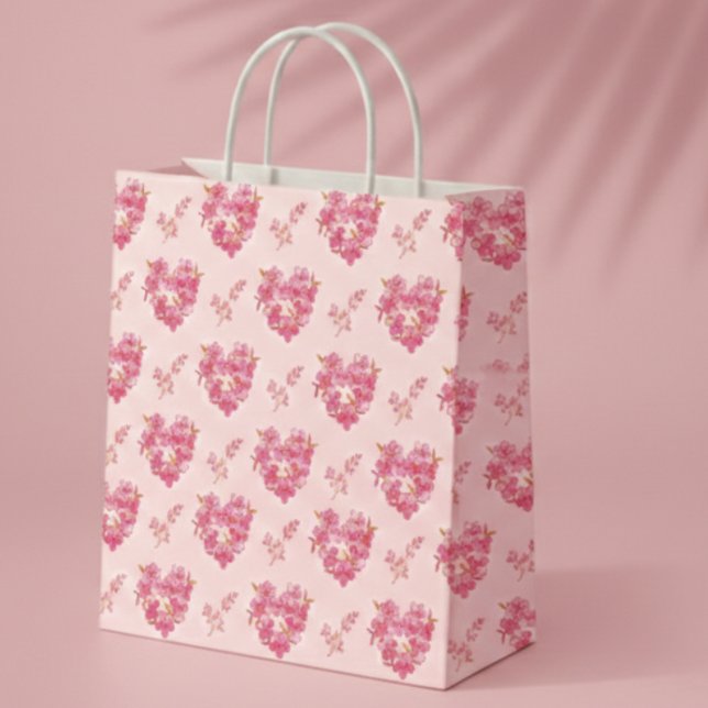 Pink Floral Hearts Pattern Mittlere Geschenktüte (Von Creator hochgeladen)
