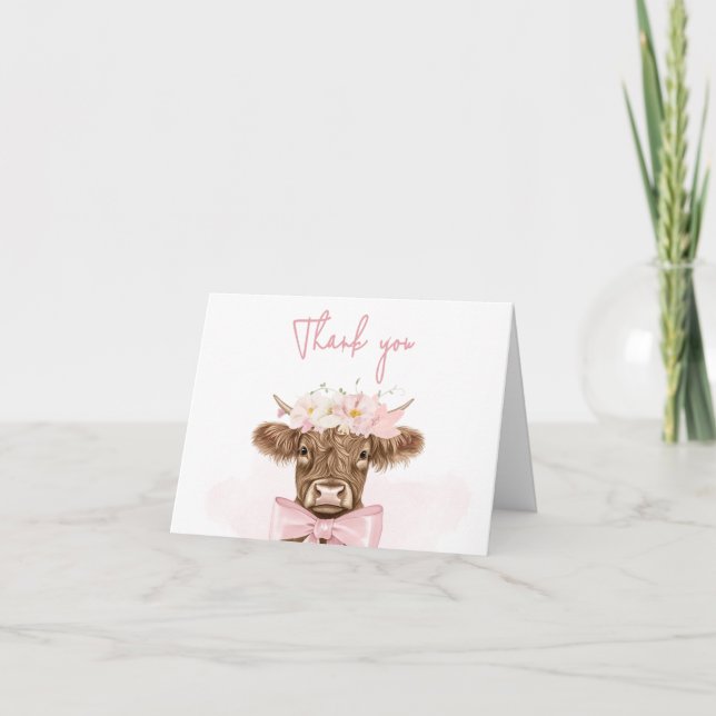 Pink Floral Highland Kuh Baby Dusche Dankeskarte (Vorderseite)