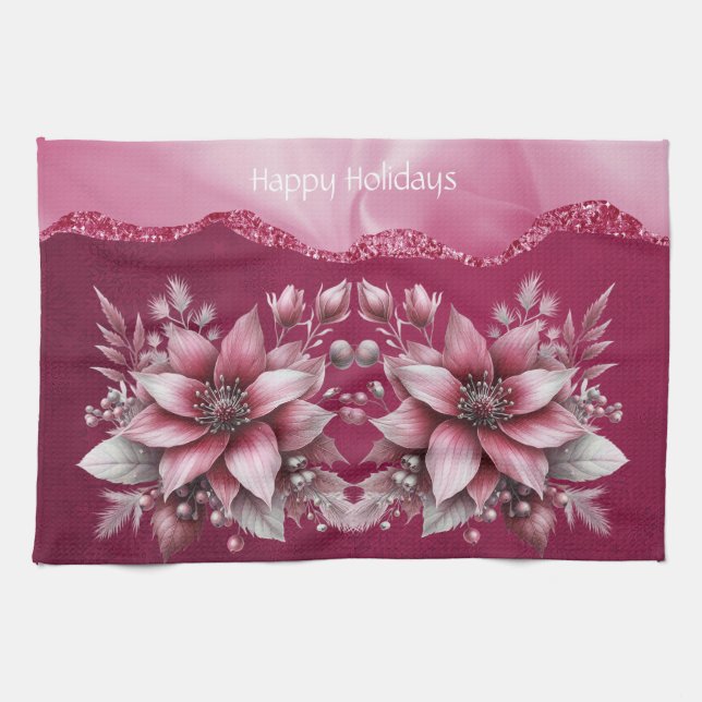Pink Floral Holiday Kitchen Handtuch (Horizontal)