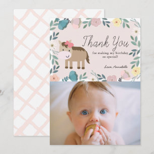 Pink Floral Horse Anniversaire Photo Carte de reme