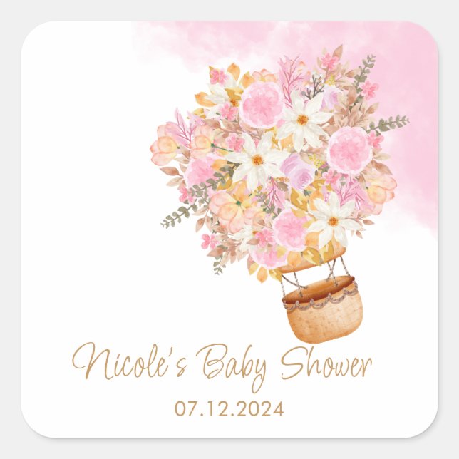 Pink Floral Hot Air Ballon Babydusche Quadratischer Aufkleber (Vorderseite)