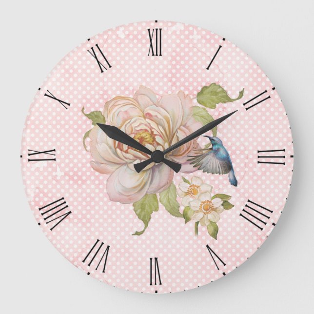 Pink Floral & Hummingbird Wall Clock Große Wanduhr (Vorderseite)