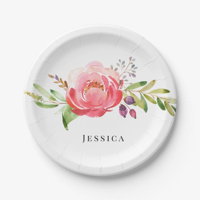 Pink Floral Individuelle Name Babydusche Pappteller (Vorderseite)