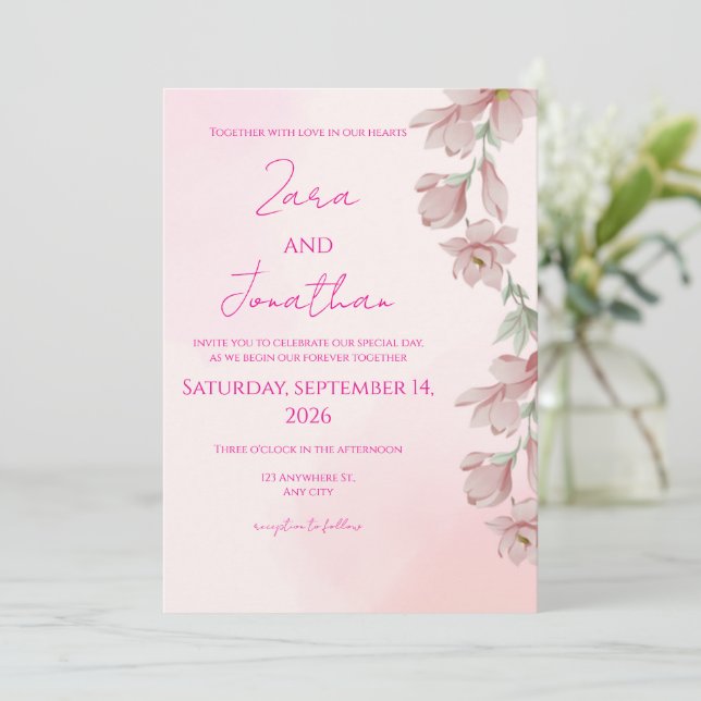 Pink floral invitation einladung (Stehend Vorderseite)