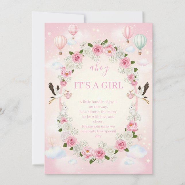 Pink Floral "It's a Girl" Baby Shower Invite  Einladung (Vorderseite)
