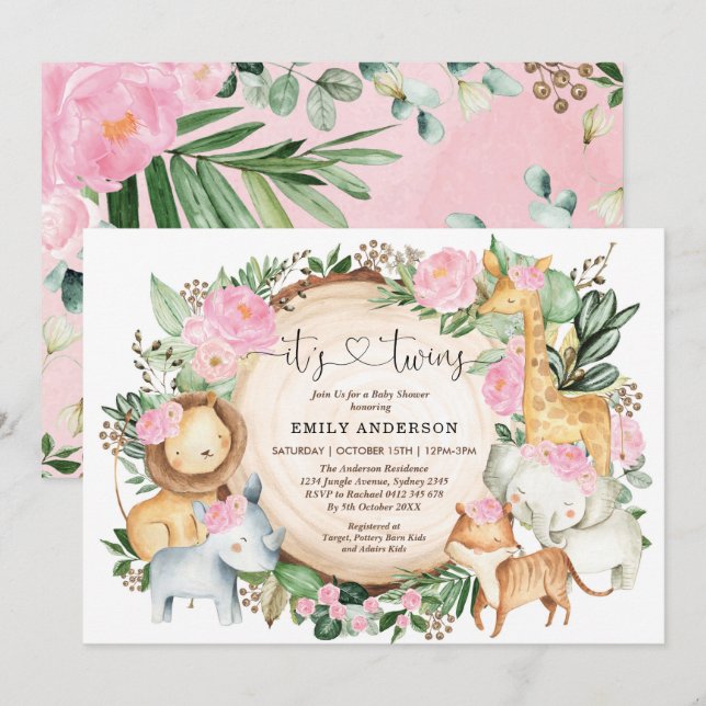 Pink Floral Jungle Safari Tiere Twin Girls Baby Einladung (Vorne/Hinten)