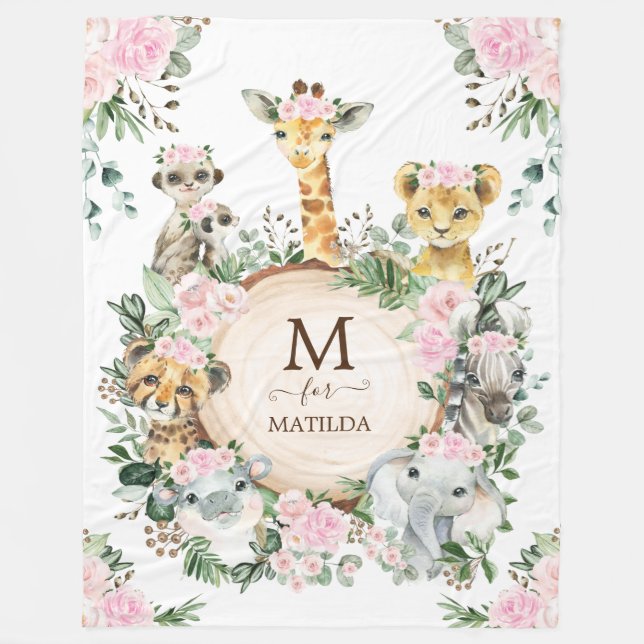 Pink Floral Jungle Safari Wilde Tiere Baby Girl Fleecedecke (Vorderseite)