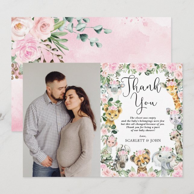 Pink Floral Jungle Wild Animals Baby Dusche Foto Dankeskarte (Vorne/Hinten)