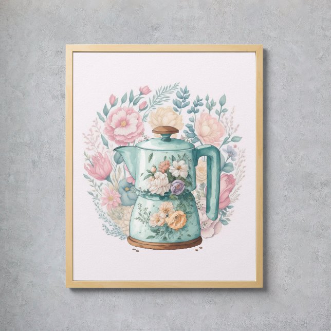 Pink Floral Kaffee Wasserkocher Küche Poster (Pink Floral Coffee Kettle Watercolor Kitchen Poster
)
