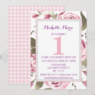 Pink Floral Kariert Erster Geburtstag Einladung