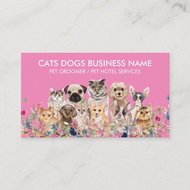 Pink Floral Katzen Hunde Pet Groomer Visitenkarte (Vorderseite)