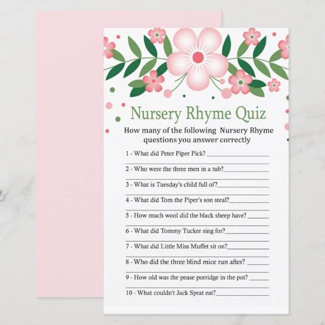 Pink Floral Kinderzimmer Rhyme Quiz Kinderduschens (Vorne/Hinten)